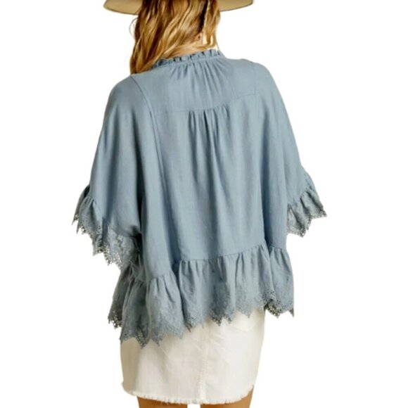 Umgee Linen Blend Top Boxy Ruffle Sleeve & Hem M Blue #19628 - Picture 3 of 11